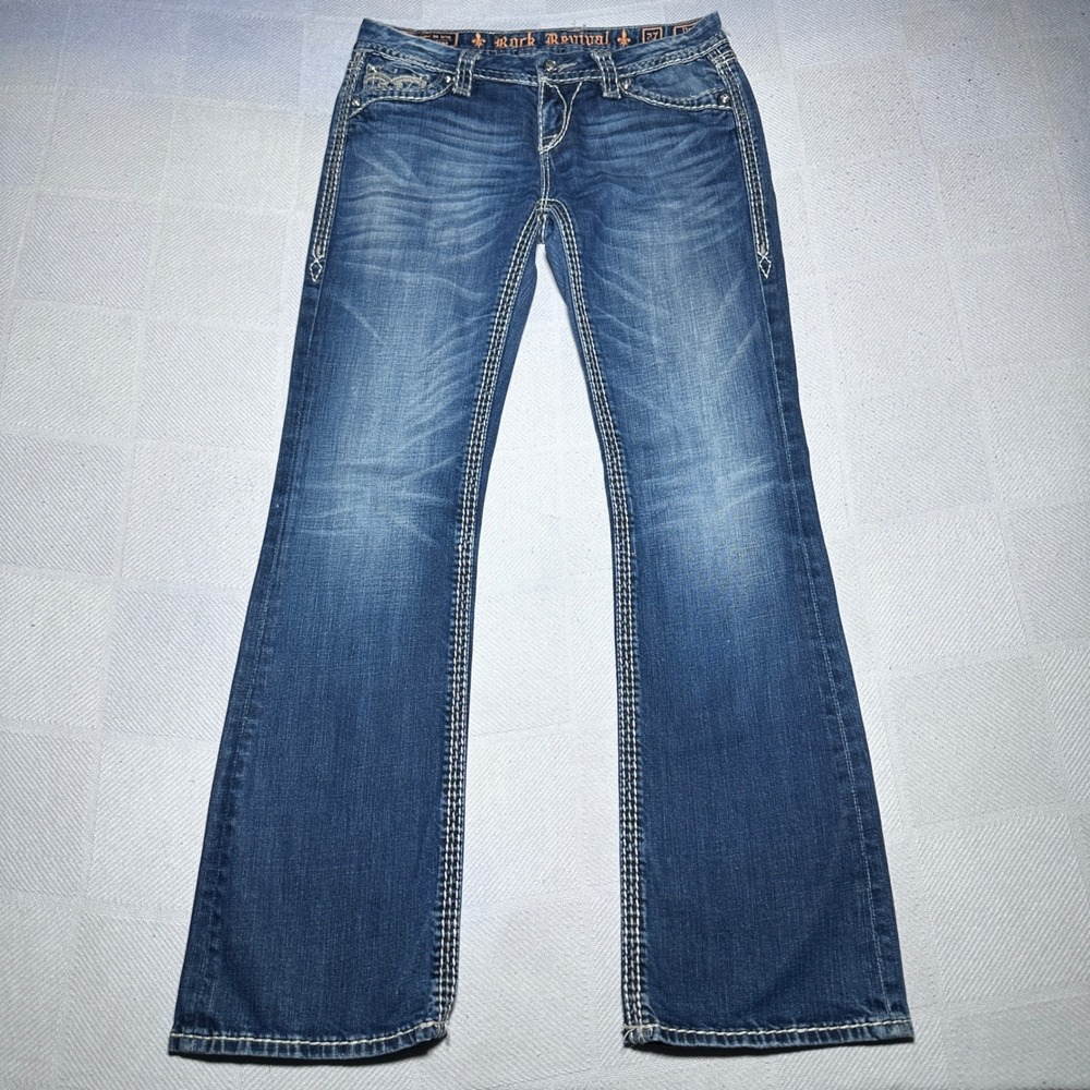 Rock Revival Darcy Easy Boot Jeans Womens 27 Embellished Diamond Thick Stitch
